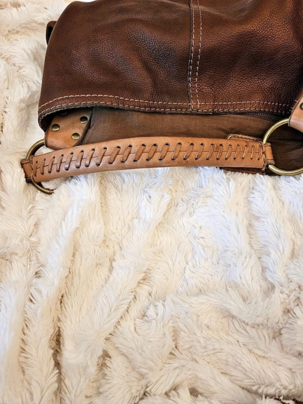 Y2K✨️Lucky Brand☆Brown Leather Slouchy Hobo Bag With Whipstitch - Picture 11 of 13